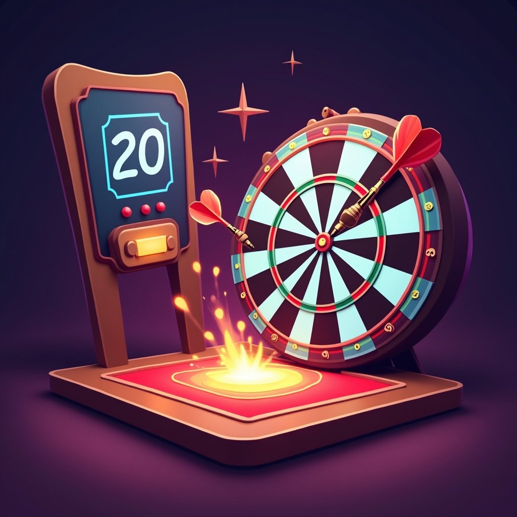 Cartoon-style arcade darts game with dart hitting number 20 on colorful dartboard