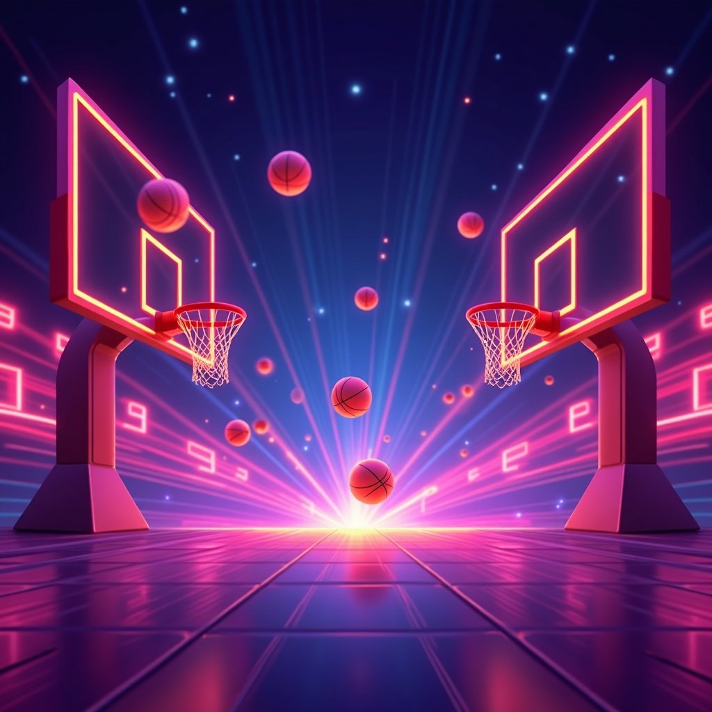 Arcade-style dunk balls game with glowing balls falling into colorful moving hoops