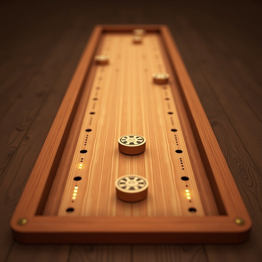 Wooden shuffleboard game with pucks sliding into scoring holes on a realistic board