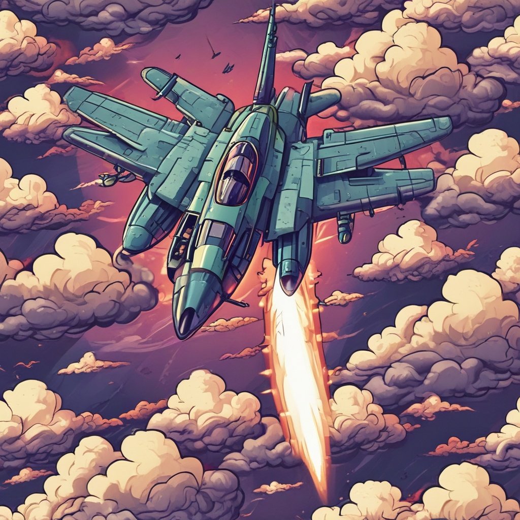 Fighter jet shooting missiles at enemy aircraft in a retro-style aerial battle game