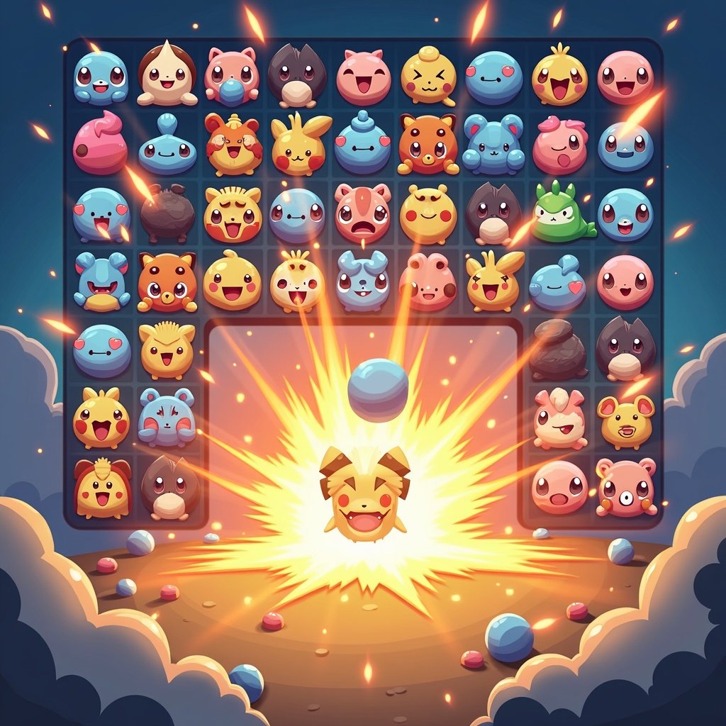 Colorful match-3 puzzle game with Pokémon-themed icons and popping effects